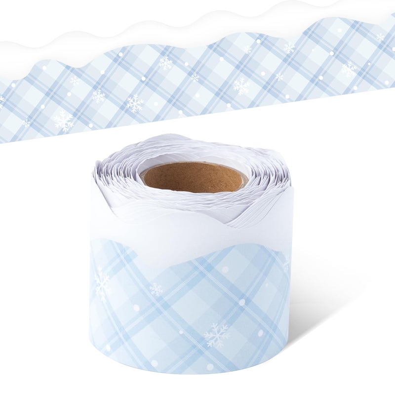 BeYumi Winter Snowflake Border Trim - 65ft Winter Christmas Sage Blue Snowflake Plaid Scalloped Rolled Border Trim Checkered Bulletin Board Borders School Classroom Office Chalkboard Door Decoration - Image 1